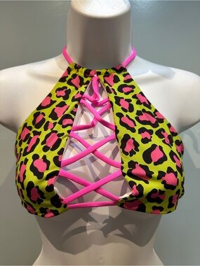 Yandy Leopard Print Green Pink Black Bathing Suit Top NWOT